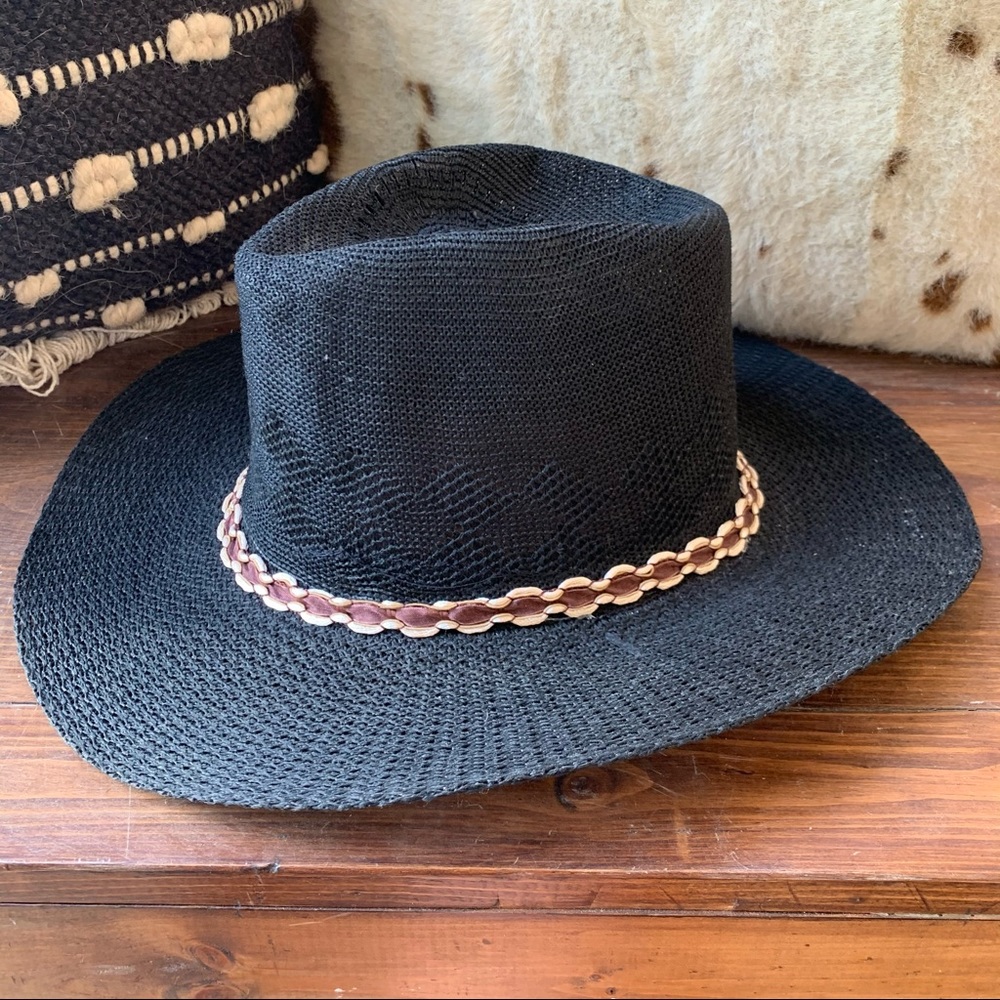 Vintage Black Straw Hat with Ribbon Trim Band
